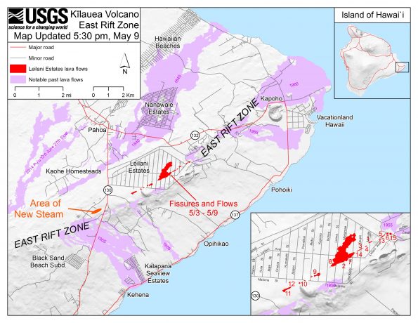 This map shows the locations of fissures and an 'a'ā flow erupted since May 3 in the order that they occurred in Leilani Estates as of 5:30 p.m. HST, May 9. Note the area of heavy steaming from ground cracks that began earlier this afternoon, located west of Highway 130. The purple areas are lava flows erupted in 1840, 1955, 1960, and 2014-2015.