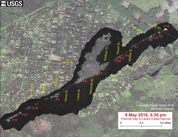 This thermal map shows the fissure system during an overflight of the area this afternoon. Fissure 15, at the northeast end of the fissure system, formed today but was only briefly active. The black and white area is the extent of the thermal map. Temperature in the thermal image is displayed as gray-scale values, with the brightest pixels indicating the hottest areas. The thermal map was constructed by stitching many overlapping oblique thermal images collected by a handheld thermal camera during a helicopter overflight of the flow field. The base is a copyrighted color satellite image (used with permission) provided by Digital Globe.