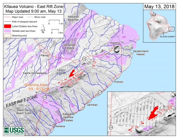 Map as of 9:00 a.m. HST, May 13, shows the location of fissure 17, which opened this morning at approximately 4:30 a.m. HST. NOTE: This new fissure was initially referred to as fissure 18 in early reports, but that is incorrect (what was called fissure 17 yesterday did not erupt lava, so this morning's erupting fissure is actually 17). In addition to fissure 17, the map shows earlier fissures, lava flows, and steaming areas. Inset map (lower right) shows fissures in Leilani Estates in the order they occurred since May 3. Shaded purple areas indicate lava flows erupted in 1840, 1955, 1960, and 2014-2015.