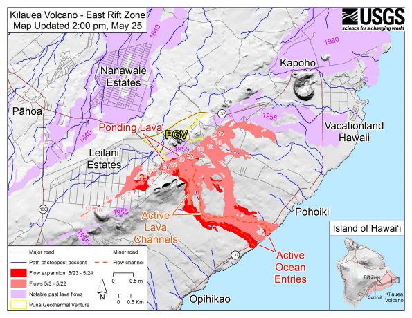 Map as of 2:00 p.m. HST, May 25. Shaded purple areas indicate lava flows erupted in 1840, 1955, 1960, and 2014-2015.