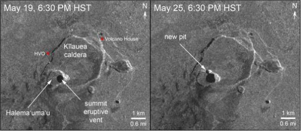 This image shows radar data acquired by the European Space Agency's Sentinel-1 satellite over Kīlauea Volcano on May 19 at 6:30 PM HST (left) compared to May 25 at 6:30 PM HST (right). The satellite transmits a radar signal toward the surface and measures the strength of the return, with bright areas indicating a strong return and dark areas a weak return. Strong returns indicate rough surfaces or slopes that point back at the radar, while weak returns come from smooth surfaces or slopes angled away from the radar. Comparing the two images shows that the summit eruptive vent continues to expand as the unsupported conduit walls collapse. As of the afternoon of May 25, the vent expansion included not only continued westward growth of the vent rim, but also a subsidiary pit on the north part of the floor of Halema‘uma‘u crater. The vent area is now approximately 90 acres, and we anticipate further enlargements over the coming days to weeks as subsidence of Kīlauea caldera, rockfalls, and small explosions continue.