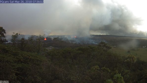 Panorama of Lower East Rift Zone Webcam at 7:36 a.m. Saturday, May 26, 2018. Image courtesy of the U.S. Geological Survey.
