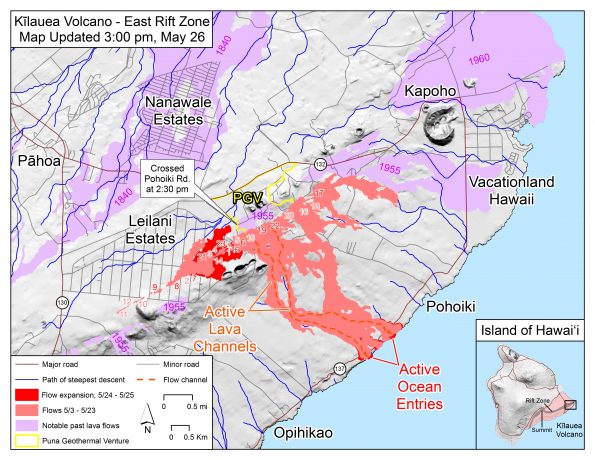 Map as of 3:00 p.m. HST, May 26. Shaded purple areas indicate lava flows erupted in 1840, 1955, 1960, and 2014-2015.