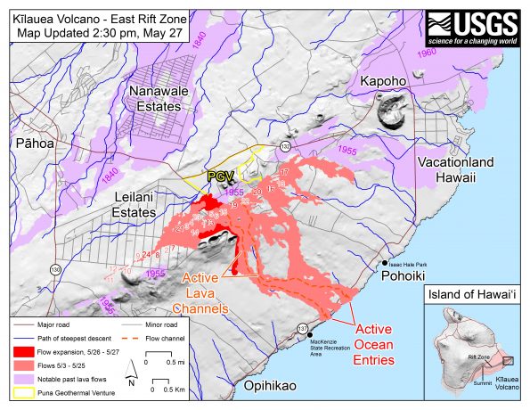 Map as of 2:30 p.m. HST, May 27, 2018. Shaded purple areas indicate lava flows erupted in 1840, 1955, 1960, and 2014-2015.
