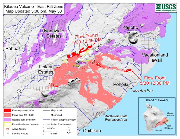 Map as of 3:00 p.m. HST, May 30, 2018. Given the dynamic nature of Kīlauea's lower East Rift Zone eruption, with changing vent locations, fissures starting and stopping, and varying rates of lava effusion, map details shown here are accurate as of the date/time noted. Shaded purple areas indicate lava flows erupted in 1840, 1955, 1960, and 2014-2015.