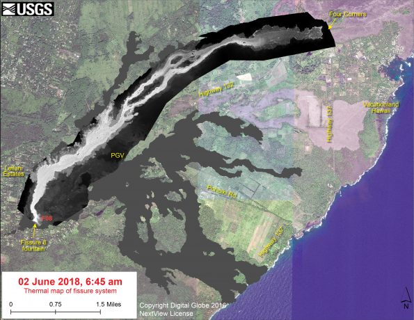 This thermal map shows the fissure system and lava flows as of 6:45 am on Saturday, June 2. The flow from Fissure 8 continues to advance in a northeast direction and the front was roughly 10.1 km (6.3 miles) from the vent at Fissure 8. The black and white area is the extent of the thermal map. Temperature in the thermal image is displayed as gray-scale values, with the brightest pixels indicating the hottest areas. The thermal map was constructed by stitching many overlapping oblique thermal images collected by a handheld thermal camera during a helicopter overflight of the flow field. The base is a copyrighted color satellite image (used with permission) provided by Digital Globe.