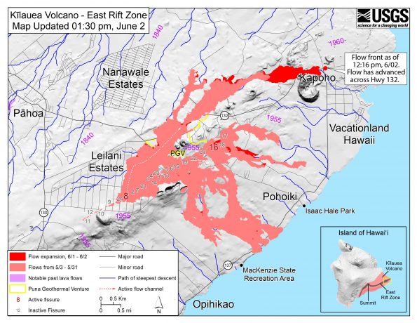 Map as of 1:30 p.m. HST, June 2, 2018. Given the dynamic nature of Kīlauea's lower East Rift Zone eruption, with changing vent locations, fissures starting and stopping, and varying rates of lava effusion, map details shown here are accurate as of the date/time noted. Shaded purple areas indicate lava flows erupted in 1840, 1955, 1960, and 2014-2015.