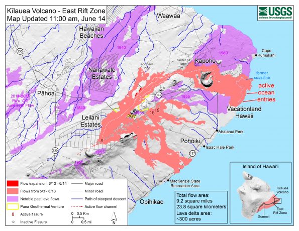 Map as of 11:00 a.m. HST, June 14, 2018. Given the dynamic nature of Kīlauea's lower East Rift Zone eruption, with changing vent locations, fissures starting and stopping, and varying rates of lava effusion, map details shown here are accurate as of the date/time noted. Shaded purple areas indicate lava flows erupted in 1840, 1955, 1960, and 2014-2015.