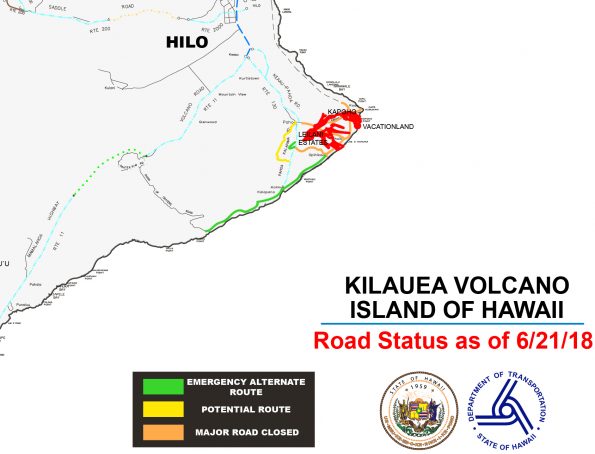A graphic (not to scale) representation of the road status in the East Rift Zone as of June 21, 2018.