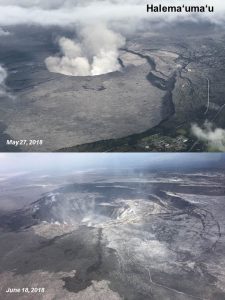 Aerial images of the Halemaʻumaʻu crater from May 27, 2018 (upper image) and June 18, 2018 (lower image). Note how the crater has enlarged over a three-week period, as shown in the June 18 photo. Also visible, are cracks on the crater floor due to ongoing subsidence at the summit. Photo credit: Ingrid Johanson