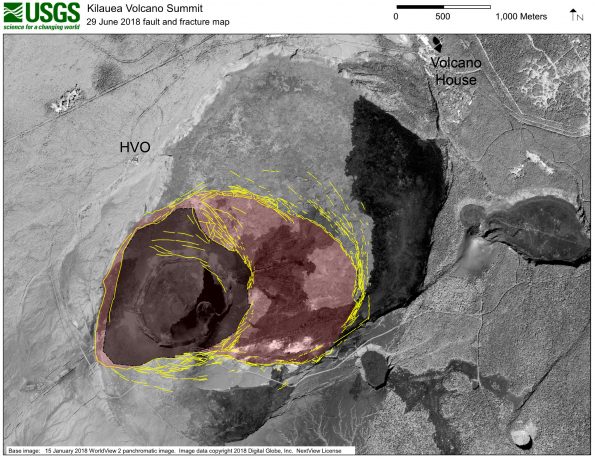 High-resolution satellite data are useful for mapping cracks and deformation in the summit caldera at Kīlauea Volcano. This map shows major fractures in yellow (as of June 29) on a base image acquired by the WorldView-2 satellite before the current sequence of events began at Kīlauea. The area of major subsidence has expanded east and south, and slightly west, of the main Halema‘uma‘u crater area. The large, red-shaded area east of Halema‘uma‘u is moving down within a scarp-bounded area, as seen in recent photographs of the summit. Some fractures have also formed to the east-northeast of the red-shaded area of accelerated motion, and also on the south caldera rim where parts of the caldera wall have slumped into the rapidly moving caldera floor below. The dark gray-shaded area within the red shaded area shows the region of most significant down dropping and is currently the deepest part of Kīlauea caldera.