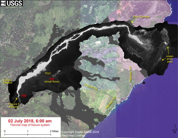 This thermal map shows the fissure system and lava flows as of 6 am on Monday, July 2 The fountain at Fissure 8 remains active, with the lava flow entering the ocean at Kapoho. Small flows were observed today near Fissure 22. The black and white area is the extent of the thermal map. Temperature in the thermal image is displayed as gray-scale values, with the brightest pixels indicating the hottest areas. The thermal map was constructed by stitching many overlapping oblique thermal images collected by a handheld thermal camera during a helicopter overflight of the flow field. The base is a copyrighted color satellite image (used with permission) provided by Digital Globe.