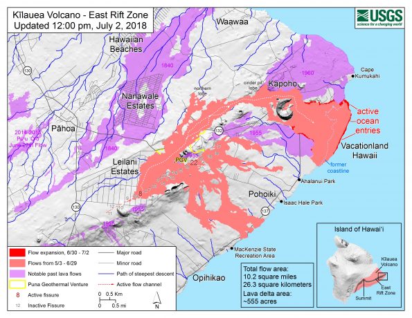 Map as of 12:00 p.m. HST, July 2, 2018. Given the dynamic nature of Kīlauea's lower East Rift Zone eruption, with changing vent locations, fissures starting and stopping, and varying rates of lava effusion, map details shown here are accurate as of the date/time noted. Shaded purple areas indicate lava flows erupted in 1840, 1955, 1960, and 2014-2015.