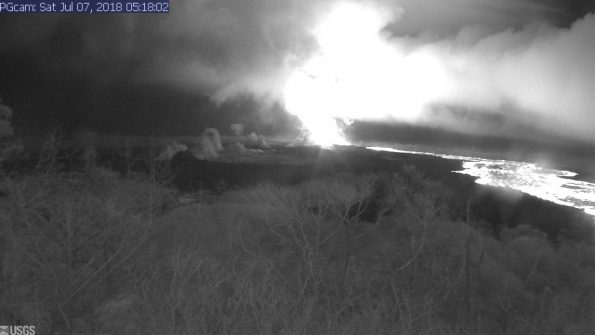 This image is from a temporary research camera positioned near Kapoho looking southwest. From left to right, one can see the eruptive fissures, with Fissure 15 on the far left, and Fissure 8 near the center. Webcam image taken Saturday, July 7, 2018 courtesy of U.S. Geological Survey