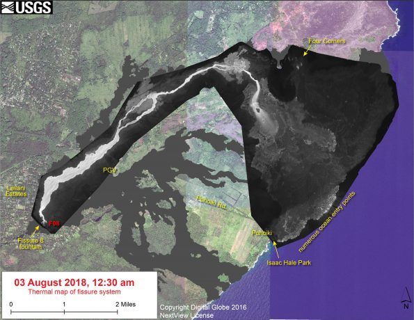 This thermal map shows the fissure system and lava flows as of 12:30 pm on Friday, August 3. The fountain at Fissure 8 remains active, with the lava flow entering the ocean. The dominant ocean entry points were on the section of coastline near Ahalanui. The black and white area is the extent of the thermal map. Temperature in the thermal image is displayed as gray-scale values, with the brightest pixels indicating the hottest areas. The thermal map was constructed by stitching many overlapping oblique thermal images collected by a handheld thermal camera during a helicopter overflight of the flow field. The base is a copyrighted color satellite image (used with permission) provided by Digital Globe.