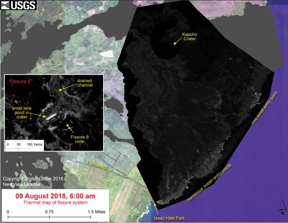 This thermal map shows the fissure system and lava flows as of 6 am on Saturday, August 11. Residual lava in the Fissure 8 flow continues to drain, feeding numerous small ocean entries (shown in main map). In the Fissure 8 cone there were two small lava ponds (shown in small inset map). The black and white area is the extent of the thermal map. Temperature in the thermal image is displayed as gray-scale values, with the brightest pixels indicating the hottest areas. The thermal map was constructed by stitching many overlapping oblique thermal images collected by a handheld thermal camera during a helicopter overflight of the flow field. The base is a copyrighted color satellite image (used with permission) provided by Digital Globe.