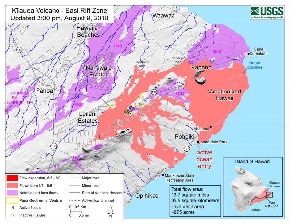 Map as of 2:00 p.m. HST, August 9, 2018. Given the dynamic nature of Kīlauea's lower East Rift Zone eruption, with changing vent locations, fissures starting and stopping, and varying rates of lava effusion, map details shown here are accurate as of the date/time noted. Shaded purple areas indicate lava flows erupted in 1840, 1955, 1960, and 2014-2015.