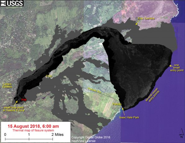 This thermal map shows the fissure system and lava flows as of 6 am on Wednesday, August 15. Residual lava in the Fissure 8 flow continues to drain, feeding numerous small ocean entries. In the Fissure 8 cone there was a single, small lava pond. The black and white area is the extent of the thermal map. Temperature in the thermal image is displayed as gray-scale values, with the brightest pixels indicating the hottest areas. The thermal map was constructed by stitching many overlapping oblique thermal images collected by a handheld thermal camera during a helicopter overflight of the flow field. The base is a copyrighted color satellite image (used with permission) provided by Digital Globe.