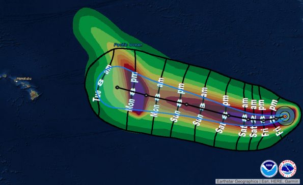 Tropical Cyclone Norman's forecast path and earliest reasonable arrival of tropical storm winds as of 5 a.m. HST Friday, August 31, 2018.