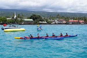 Red Bull Wa‘a crew crosses the finish in Kailua Bay for the Queen Lili‘uokalani Long Distance Canoe Race Saturday, September 1, 2018.