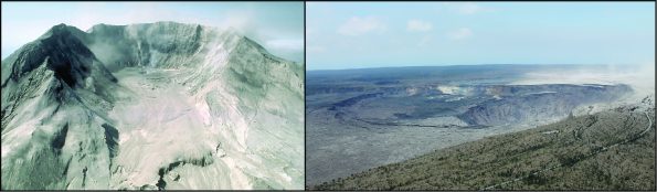 Left: Horseshoe-shaped crater of Mount St. Helens in 1980, formed by a landslide that removed the top of the volcano. The crater is about 2 km (1.2 mi) wide and the floor is about 600 m (1,970 ft) below the crater rim. Right: Halema‘uma‘u nestled in the summit crater of Kīlauea Volcano on August 1, the day before the last collapse event. The Hawaiian Volcano Observatory building is visible at far right. USGS photos.