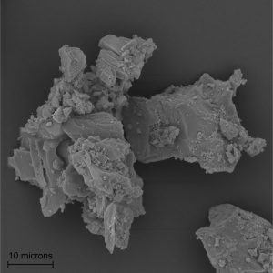 This close-up image (5000x magnification) of a Kīlauea volcanic ash sample collected on May 23, 2018, was captured by a scanning electron microscope. Visible on the ash surface are tiny salt crystals that can be leached from the ash. Most of the salts in this image are aluminum sodium sulfate and calcium sulfate. This image is about 50 microns across, which is half of the width of a human hair. USGS photo by D. Damby.
