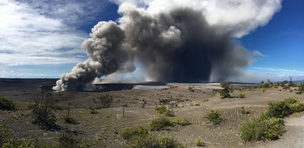 Ash from an explosive event at Halema‘uma‘u on May 15, 2018, was blown by trade winds to the southwest, where it fell from the plume and blanketed the Kaʻū Desert landscape. Samples of this ash were collected for ash leachate analyses as part of the assessment of hazards from Kīlauea Volcano’s eruption. USGS photo by S. Brantley.