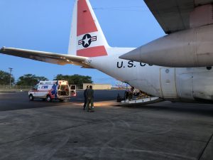 The Coast Guard, with an embarked disaster medical assistance team, conducted a medical evacuation of an ill 37-year-old woman from Hilo to Honolulu in the early morning Oct. 20, 2018. Personnel at the Coast Guard Joint Rescue Coordination Center received a request from the Hawaii State Department of Health Hawaii County late Oct. 19 to transport the woman to a higher level of medical care. (U.S. Coast Guard photo by Lt. Eric Ferree/Released)