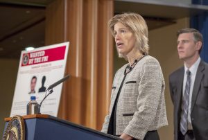 FBI Executive Assistant Director Amy Hess speaks at a November 28, 2018 press conference at the Department of Justice announcing charges against two Iranian men in connection with an international computer hacking and extortion scheme involving the deployment of sophisticated ransomware known as SamSam.
