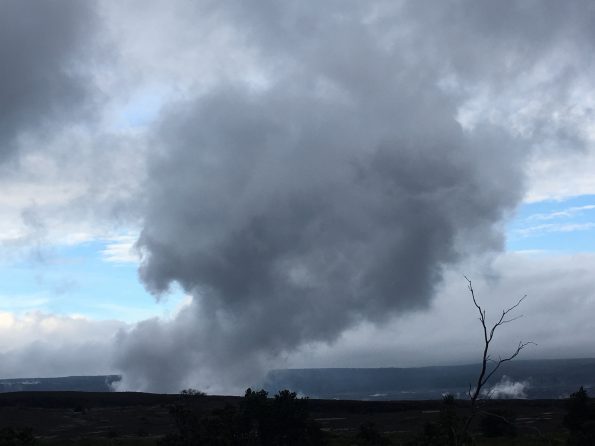 Sulfur dioxide and hydrogen sulfide gases themselves are not visible, but dramatic plumes are sometimes visible at Kīlauea Volcano’s summit (shown here) and Puʻu ʻŌʻō. These plumes are a result of atmospheric conditions rather than increased volcanic activity, and frequently occur when warm volcanic gases condense as they are released into cooler air temperatures of early mornings or evenings. USGS photo.