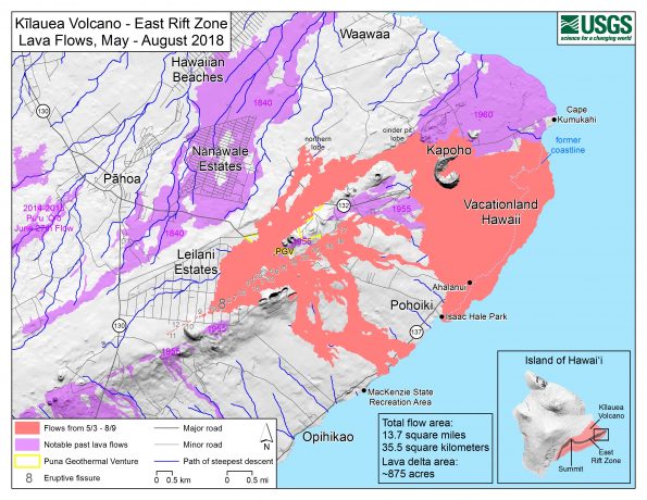 This map of Kīlauea Volcano’s lower East Rift Zone, created by USGS Geographic Information Systems (GIS) analysts, shows the extent of the 2018 lava flows (pink), which covered an area of about 35.5 sq km (13.7 sq mi) and added about 875 acres of new land to East Hawaiʻi. There has been no lava flow expansion since August 9, 2018. Minor activity within the fissure 8 cone continued into early September 2018 but did not expand the flow margins. Shaded purple areas depict lava flows erupted in 1840, 1955, 1960, and 2014-2015. USGS map.