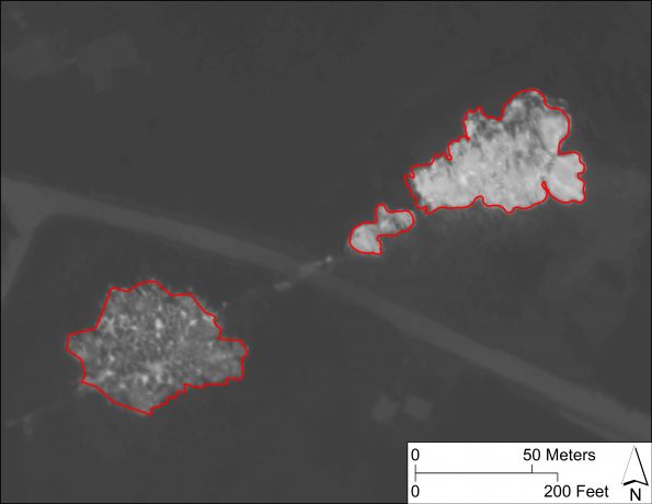 Bright red polygon features were drawn by USGS Geographic Information Systems (GIS) analysts around new or active lower East Rift Zone lava flows, which appear lighter in color due to their high temperature on this thermal map. Collected during a helicopter overflight on May 9, 2018, this map shows fissures 6 (left) and 15 (right) with Pohoiki Road passing between the two vents. USGS map.