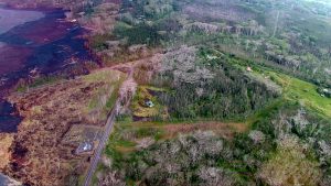 Aerial view of Lava Tree State Monument on right with Kilauea Eruption lava flow crossing Pohoiki Road on the left on June 21, 2018. Image courtesy of DLNR.