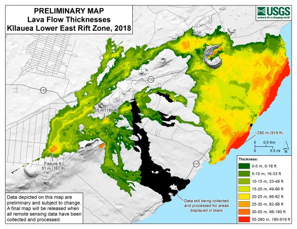 Data depicted on this preliminary map of Kīlauea lower East Rift Zone lava flow thicknesses are subject to change. A final map will be released when all remote sensing data have been collected and processed. Lava flows erupted from fissures 1-24 in 2018, which buried an area of about 35.5 sq km (13.7 sq mi) and added about 875 acres of new land to the island, vary in thickness across the flow field. The greatest thickness on land, at fissure 22, is approximately 55 m (180 ft), and the greatest thickness in the lava delta (new land created where lava entered the ocean) is approximately 280 m (919 ft). These values could change when data are finalized.