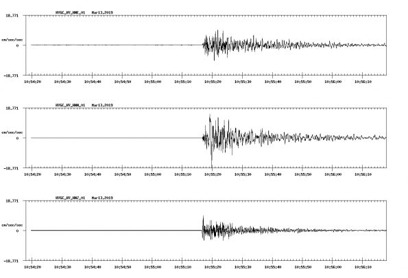 The seismic waveform of the March 13, 2019 earthquake measured at the Volcano Golf Course by the USGS.