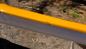 Damage to canoe hull from a shark's bite Tuesday, March 26, 2019, which tossed the paddler into the water who was also bitten. Photo courtesy of Randy Ring