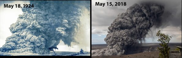 Explosive eruption columns of ash rising from Halema‘uma‘u at 11:15 a.m. on May 18, 1924 (left) and at 11:05 a.m. on May 15, 2018 (right) look similar. Researchers are re-evaluating early assumptions about the role groundwater played in triggering these explosive eruptions at the summit of Kīlauea Volcano and are now looking at the build-up of gases from retreating magma as a likely trigger. USGS photos.