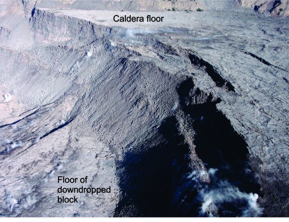 This aerial view of the western part of Kīlauea Volcano’s caldera was taken on August 6, 2018. The down-dropped block is faulted about 120 m (400 feet) below the caldera floor. Many 19th-century lava flows are exposed in the fault scarps. Halema‘uma‘u (not visible) is to the left of this photo. USGS photo by D.Swanson.