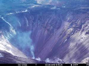This image is from a temporary monitoring camera on the west rim of Kilauea Caldera. The camera is looking East towards the bottom of the newly enlarged Halemaʻumaʻu crater, although the deepest part of the crater is not visible from this vantage point. The crater from left to right (roughly NNE to SSW) is approximately 1 km (0.6 mi) across. The depth of the crater in the visible image from the rim is several hundred meters. Image courtesy of USGS/HVO Webcam