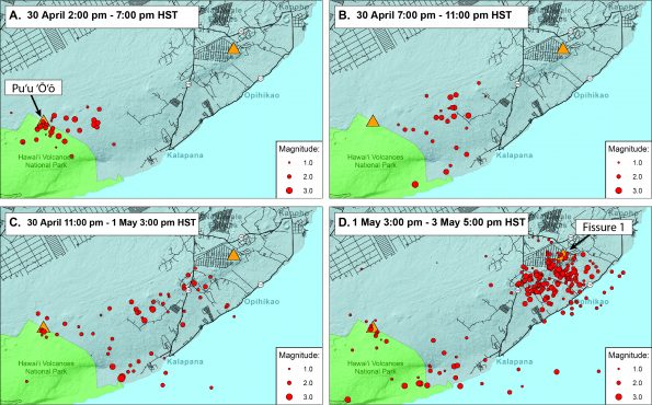 Earthquakes (red dots) track the progression of the magmatic intrusion from Kīlauea Volcano's middle East Rift Zone to the lower East Rift Zone between April 30 and May 3, 2018. Orange triangles show the locations of fissure 1 (right), which erupted on May 3, and Puʻu ʻŌʻō (left). The earthquakes shown here are well-located with magnitudes less than 3.5 and depths shallower than 7 km (4.3 miles). USGS graphic.
