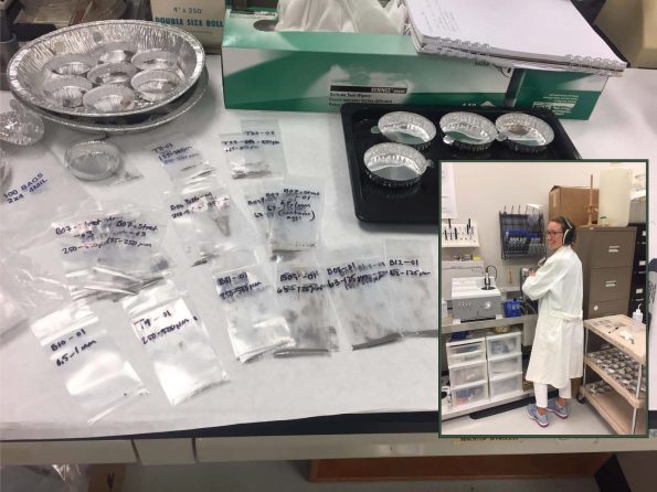 Scientists use a laser diffraction particle size analyzer to examine fine ash from the 2018 Kīlauea summit explosions. The research examines fine ash (grains 1 mm to 1 micrometer) and investigates the processes of eruption, fragmentation, and respiratory health hazards (PM10, PM2.5). USGS image by A. Van Eaton