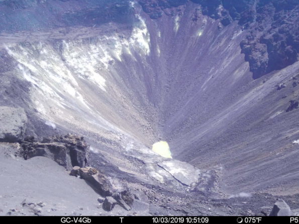 This image is from a temporary monitoring camera on the west rim of Kilauea Caldera. The camera is looking E towards the bottom of the newly enlarged Halemaʻumaʻu crater. The crater from left to right (roughly NNE to SSW) is approximately 1 km (0.6 mi) across. The depth of the crater in the visible image from the rim is several hundred meters. Photo courtesy of USGS/HVO