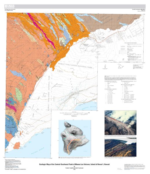 The recently published “Geologic map of the central-southeast flank of Mauna Loa” (https://pubs.er.usgs.gov/publication/sim2932B), shown here, uses color to depict ages of geologic units, with warm colors denoting younger units and cool colors indicating older units. It is the second in a series of maps that will cover Mauna Loa. The first, a geologic map of the northeast flank of the volcano, was published in 2017 and is posted at https://pubs.er.usgs.gov/publication/sim2932A. USGS map.